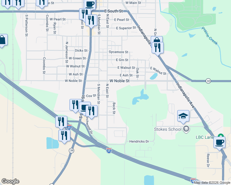 map of restaurants, bars, coffee shops, grocery stores, and more near 1137 South East Street in Lebanon