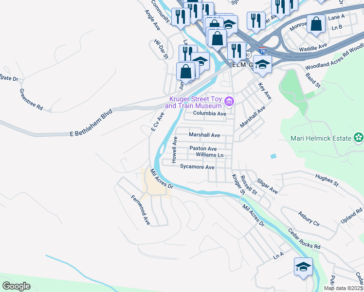 map of restaurants, bars, coffee shops, grocery stores, and more near 156 Paxton Avenue in Wheeling