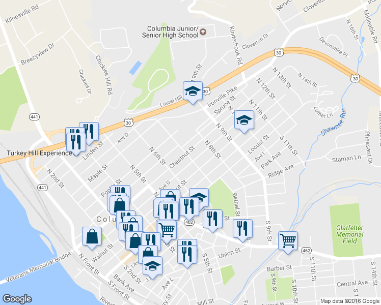 map of restaurants, bars, coffee shops, grocery stores, and more near 153 North 7th Street in Columbia