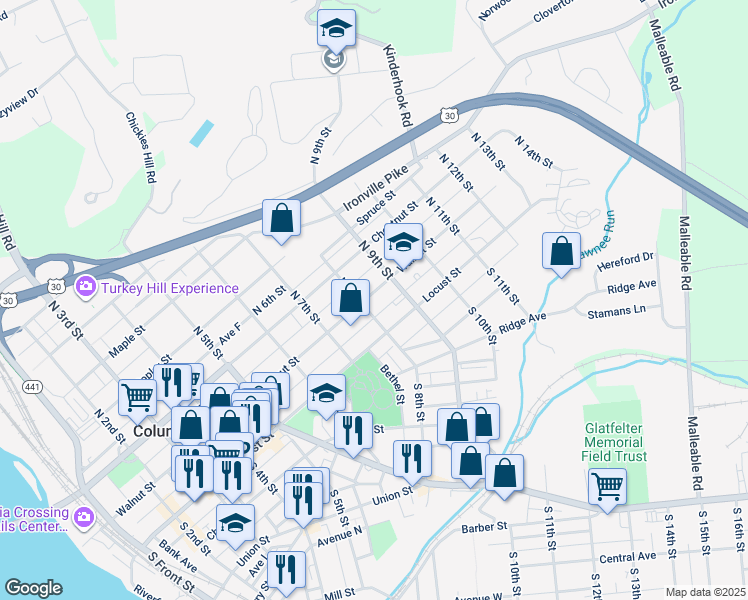 map of restaurants, bars, coffee shops, grocery stores, and more near 814 Walnut Street in Columbia