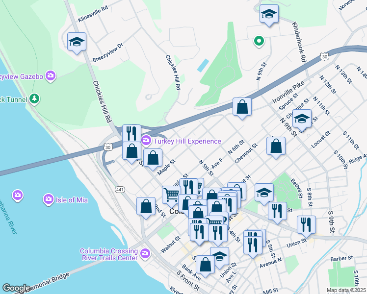 map of restaurants, bars, coffee shops, grocery stores, and more near 459 Maple Street in Columbia