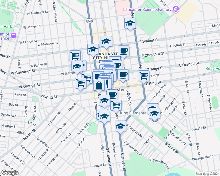 map of restaurants, bars, coffee shops, grocery stores, and more near 1 West King Street in Lancaster