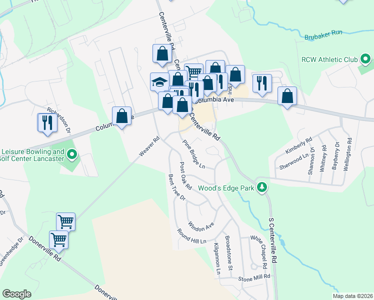 map of restaurants, bars, coffee shops, grocery stores, and more near 205 Pine Bridge Lane in Lancaster