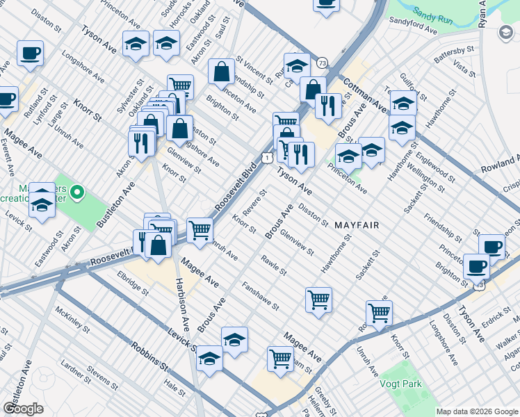 map of restaurants, bars, coffee shops, grocery stores, and more near 2824 Longshore Avenue in Philadelphia