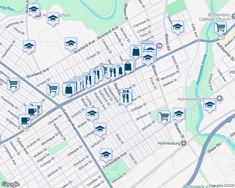 map of restaurants, bars, coffee shops, grocery stores, and more near 4224 Sheffield Avenue in Philadelphia