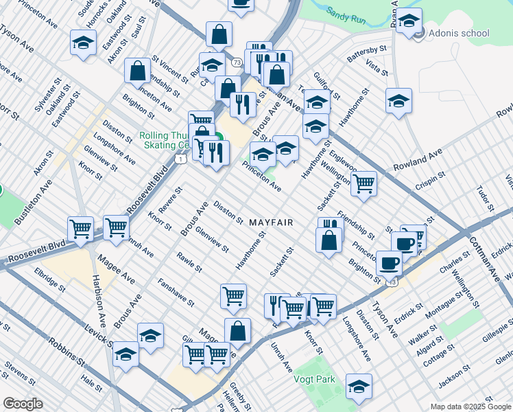 map of restaurants, bars, coffee shops, grocery stores, and more near 3013 Tyson Avenue in Philadelphia