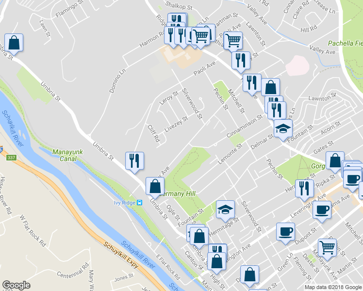 map of restaurants, bars, coffee shops, grocery stores, and more near 252 Parker Avenue in Philadelphia