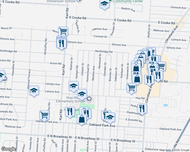 map of restaurants, bars, coffee shops, grocery stores, and more near 3484 Medina Avenue in Columbus