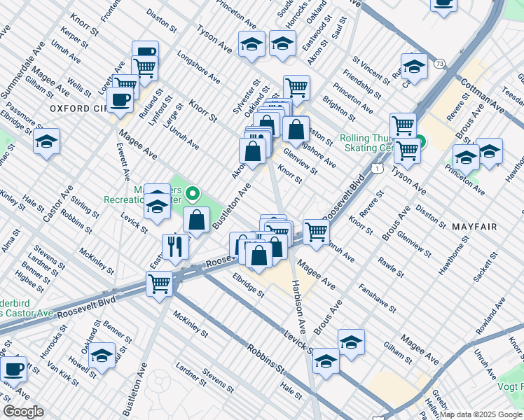 map of restaurants, bars, coffee shops, grocery stores, and more near 2141 Fanshawe Street in Philadelphia