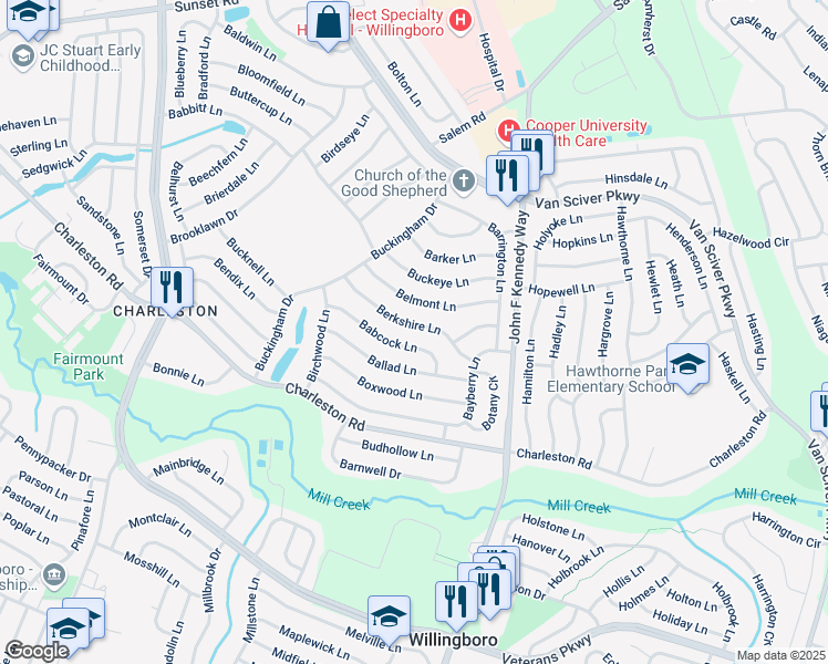 map of restaurants, bars, coffee shops, grocery stores, and more near 46 Berkshire Lane in Willingboro