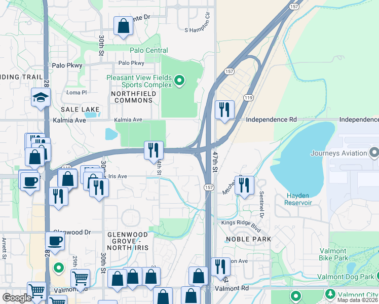 map of restaurants, bars, coffee shops, grocery stores, and more near 3554 Diagonal Highway in Boulder