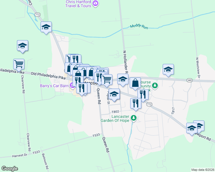 map of restaurants, bars, coffee shops, grocery stores, and more near 3613 East Newport Road in Intercourse