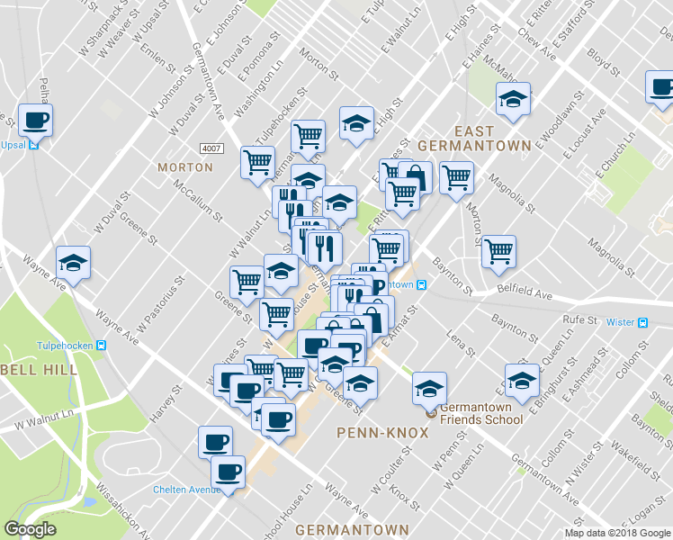 map of restaurants, bars, coffee shops, grocery stores, and more near 27 East Rittenhouse Street in Philadelphia