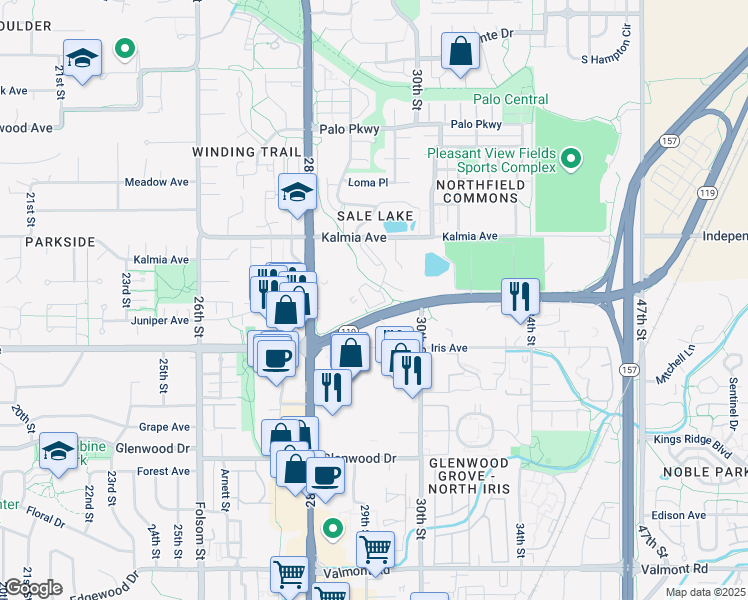 map of restaurants, bars, coffee shops, grocery stores, and more near in Boulder