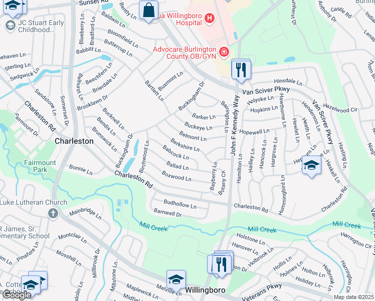 map of restaurants, bars, coffee shops, grocery stores, and more near 46 Berkshire Lane in Willingboro