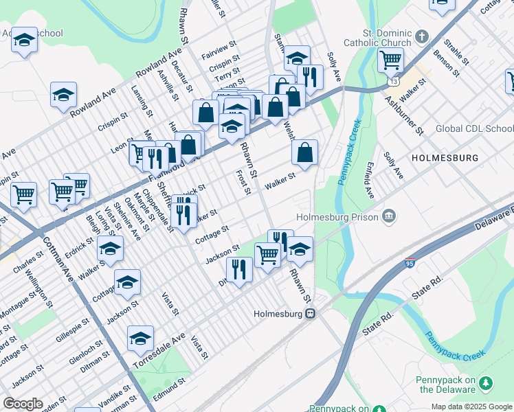 map of restaurants, bars, coffee shops, grocery stores, and more near 4316 Rhawn Street in Philadelphia