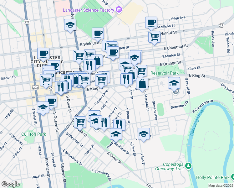 map of restaurants, bars, coffee shops, grocery stores, and more near 442 South Plum Street in Lancaster