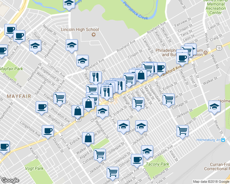 map of restaurants, bars, coffee shops, grocery stores, and more near 3551 Tudor Street in Philadelphia