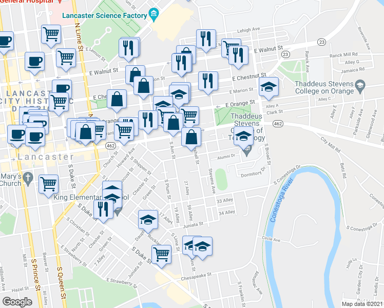 map of restaurants, bars, coffee shops, grocery stores, and more near 72 South Marshall Street in Lancaster