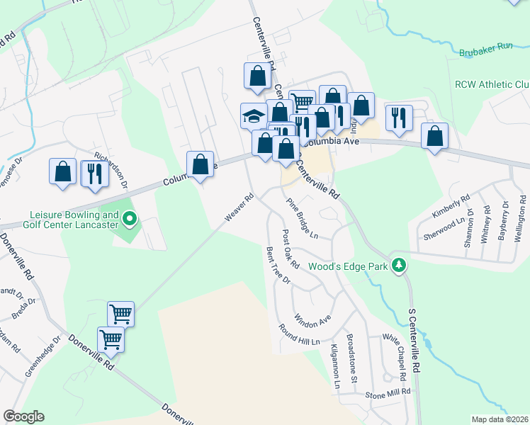 map of restaurants, bars, coffee shops, grocery stores, and more near 101 Bent Tree Drive in Lancaster