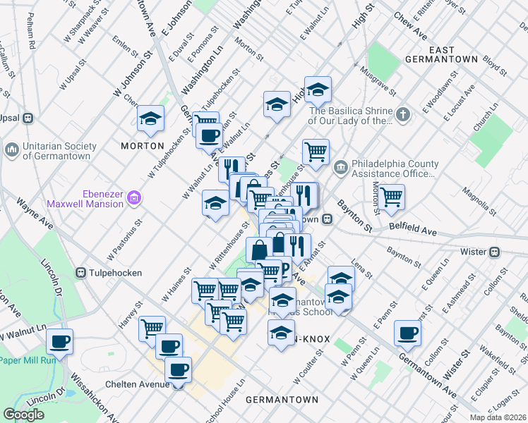 map of restaurants, bars, coffee shops, grocery stores, and more near 34 East Rittenhouse Street in Philadelphia
