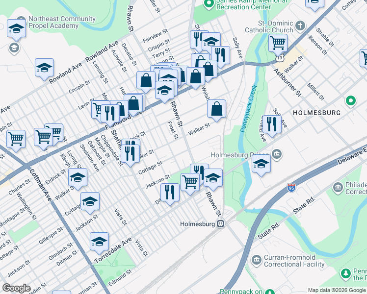 map of restaurants, bars, coffee shops, grocery stores, and more near 4316 Rhawn Street in Philadelphia