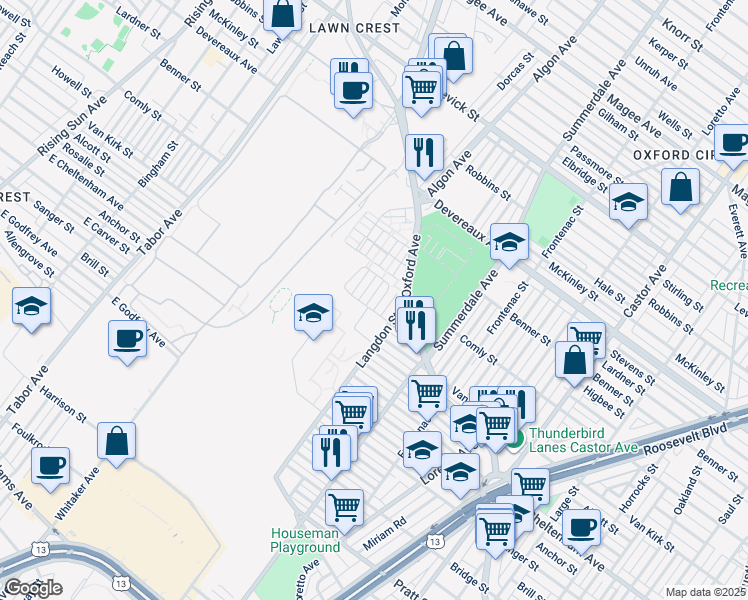 map of restaurants, bars, coffee shops, grocery stores, and more near 5908 Elmhurst Street in Philadelphia