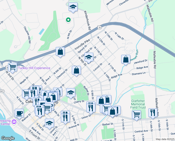 map of restaurants, bars, coffee shops, grocery stores, and more near 851 Locust Street in Columbia