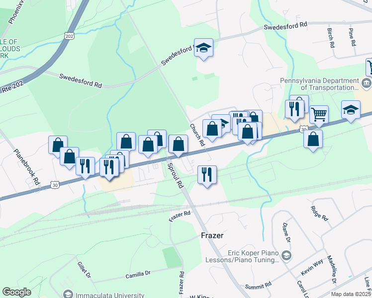 map of restaurants, bars, coffee shops, grocery stores, and more near 20 Maxwell Lane in Malvern
