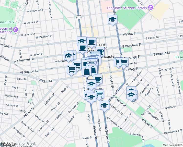 map of restaurants, bars, coffee shops, grocery stores, and more near 25 West King Street in Lancaster