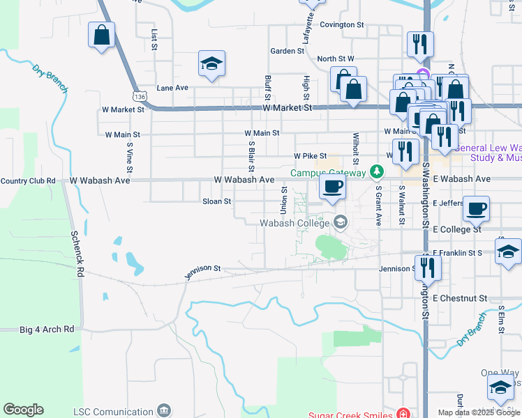 map of restaurants, bars, coffee shops, grocery stores, and more near 405 Russell Avenue in Crawfordsville