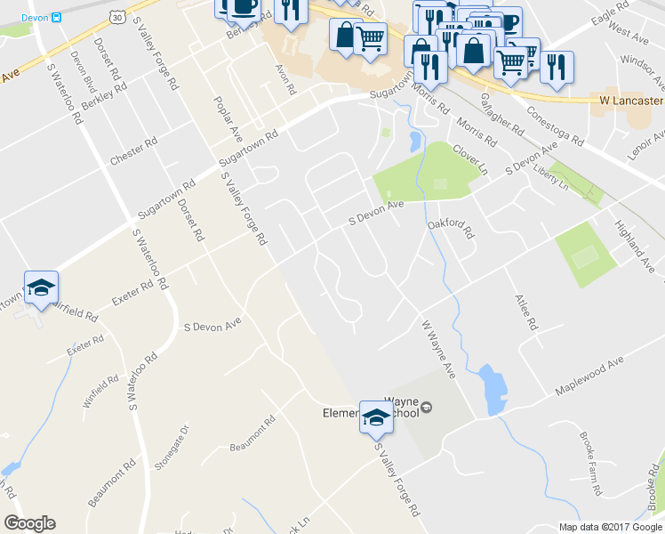 map of restaurants, bars, coffee shops, grocery stores, and more near 114 Eaton Drive in Wayne