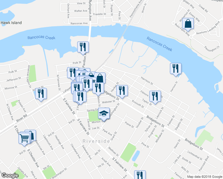 map of restaurants, bars, coffee shops, grocery stores, and more near 242 Kossuth Street in Riverside