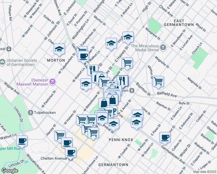 map of restaurants, bars, coffee shops, grocery stores, and more near 34 East Rittenhouse Street in Philadelphia