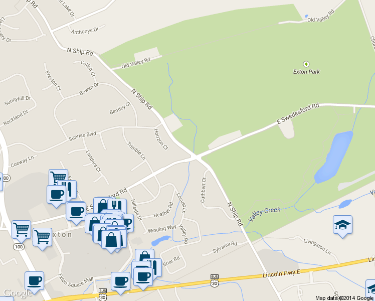 map of restaurants, bars, coffee shops, grocery stores, and more near 325 N Ship Rd in Exton
