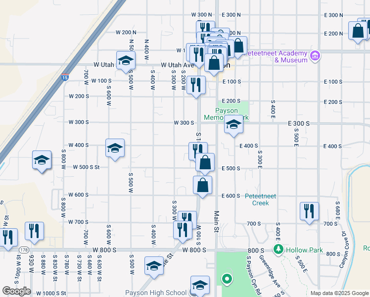 map of restaurants, bars, coffee shops, grocery stores, and more near 213 West 400 South in Payson
