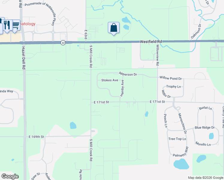 map of restaurants, bars, coffee shops, grocery stores, and more near 17108 Seaboard Place in Noblesville