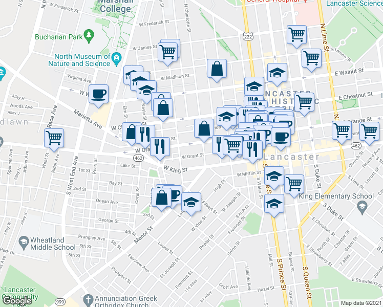 map of restaurants, bars, coffee shops, grocery stores, and more near 429 West Grant Street in Lancaster