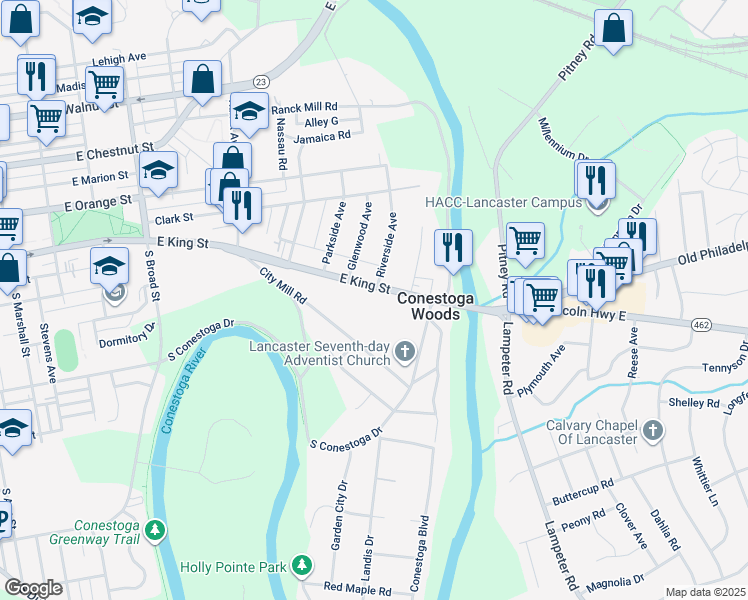 map of restaurants, bars, coffee shops, grocery stores, and more near 1250 East King Street in Lancaster