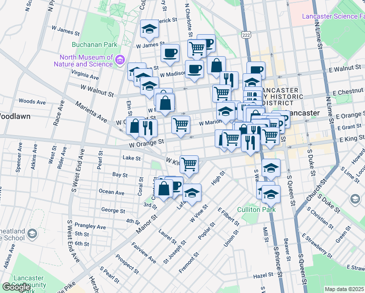 map of restaurants, bars, coffee shops, grocery stores, and more near 31 North Mary Street in Lancaster