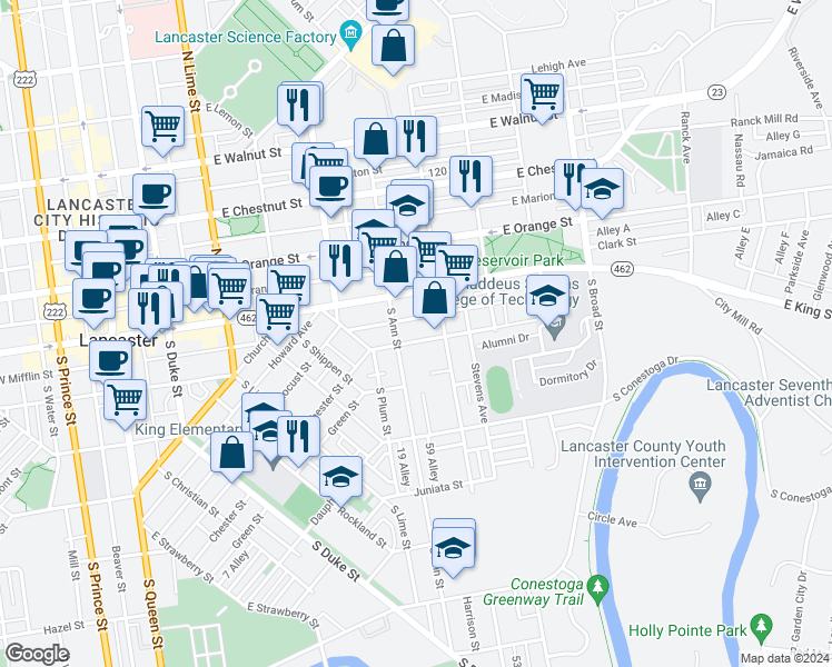map of restaurants, bars, coffee shops, grocery stores, and more near 523 East End Avenue in Lancaster
