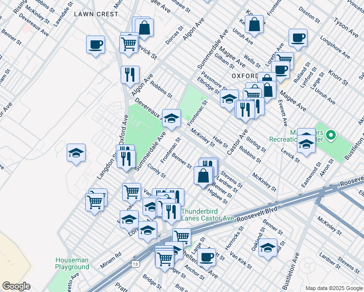 map of restaurants, bars, coffee shops, grocery stores, and more near 6128 Shisler Street in Philadelphia