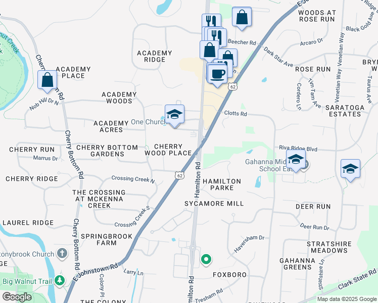 map of restaurants, bars, coffee shops, grocery stores, and more near 775 East Johnstown Road in Gahanna