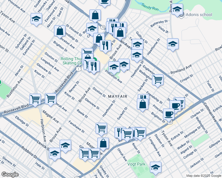 map of restaurants, bars, coffee shops, grocery stores, and more near 3011 Tyson Avenue in Philadelphia