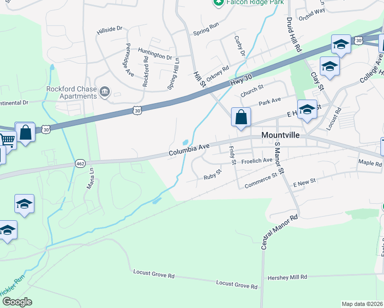 map of restaurants, bars, coffee shops, grocery stores, and more near 36 South Pearl Street in Mountville