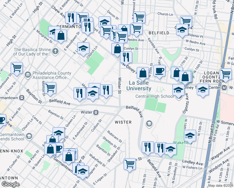map of restaurants, bars, coffee shops, grocery stores, and more near 545 Wister Street in Philadelphia