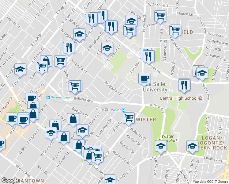 map of restaurants, bars, coffee shops, grocery stores, and more near 491 East Penn Street in Philadelphia