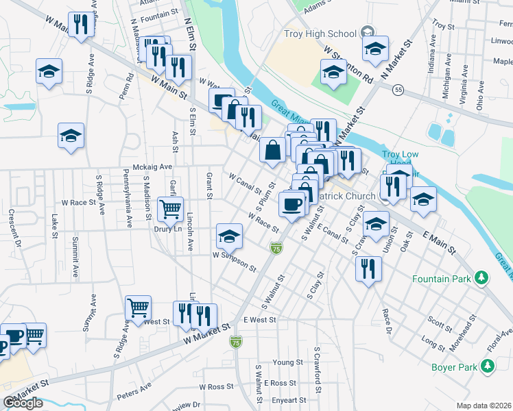 map of restaurants, bars, coffee shops, grocery stores, and more near 224 South Plum Street in Troy