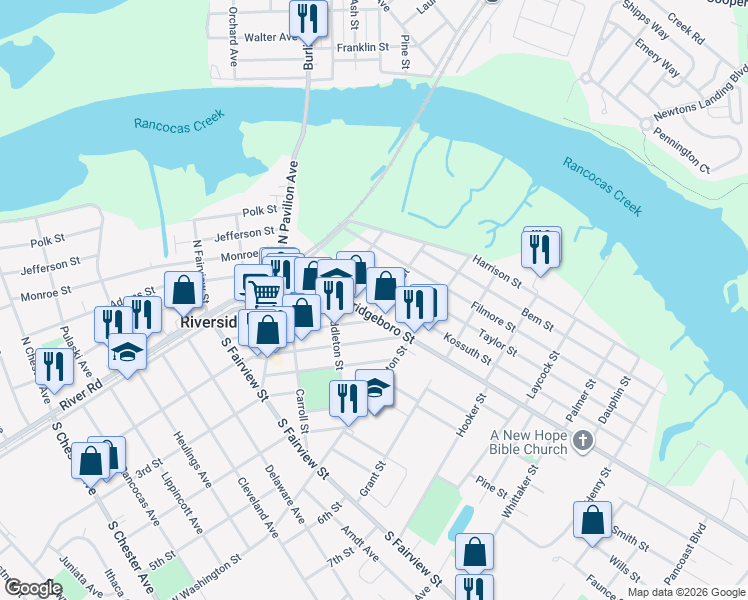 map of restaurants, bars, coffee shops, grocery stores, and more near 242 Kossuth Street in Riverside
