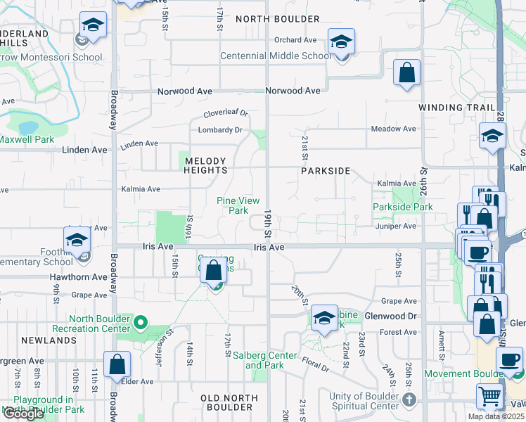 map of restaurants, bars, coffee shops, grocery stores, and more near 1890 Del Rosa Court in Boulder